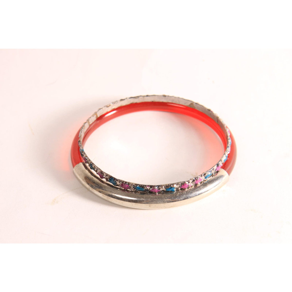 1970s 1980s Dark Red and Silver Tone Metal and Plastic and Metal Hot Pink and Blue Stack of Bangle Bracelets