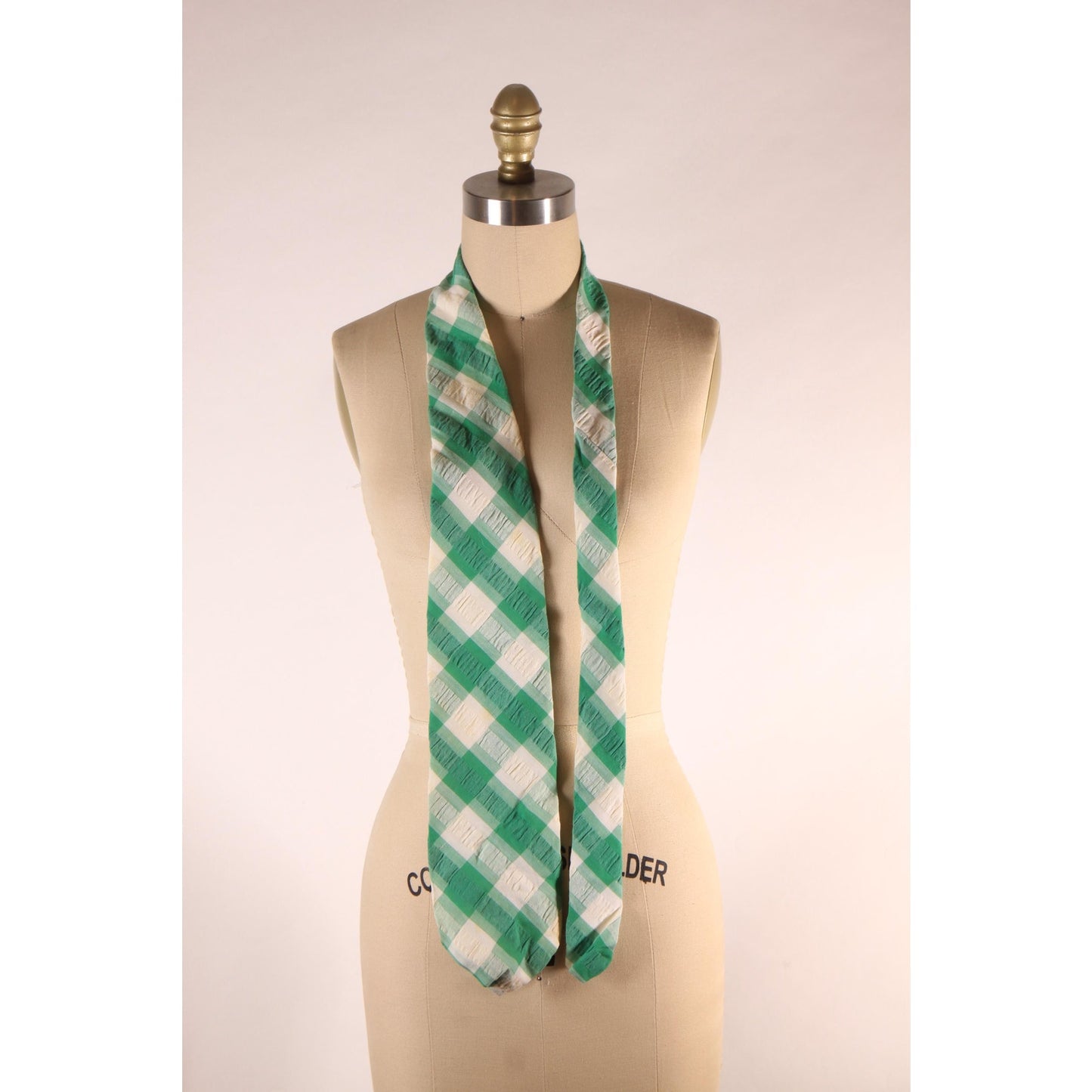 1970s White and Green Plaid Wide Necktie Tie