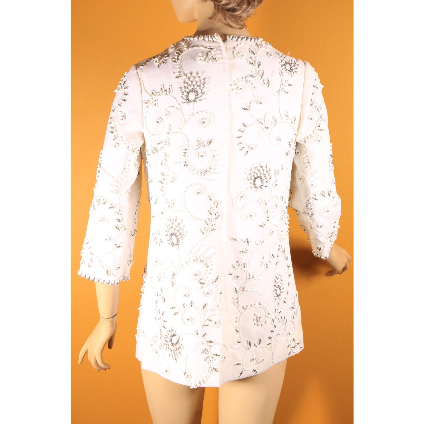 1960s White Heavily Beaded Floral Swirl 3/4 Length Sleeve Tunic Mini Dress by Cavanagh's Virgin Islands