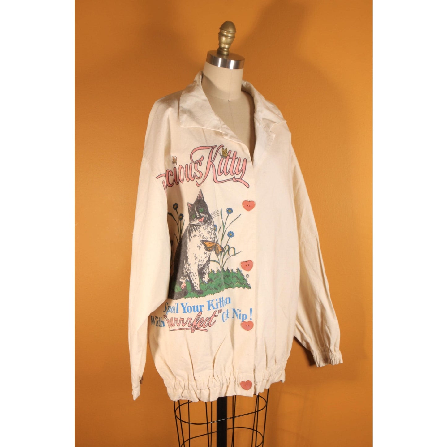 Deadstock 1980s Cream Off White Novelty Precious Kitty Heart Button Down Flour Feed Sack Jacket