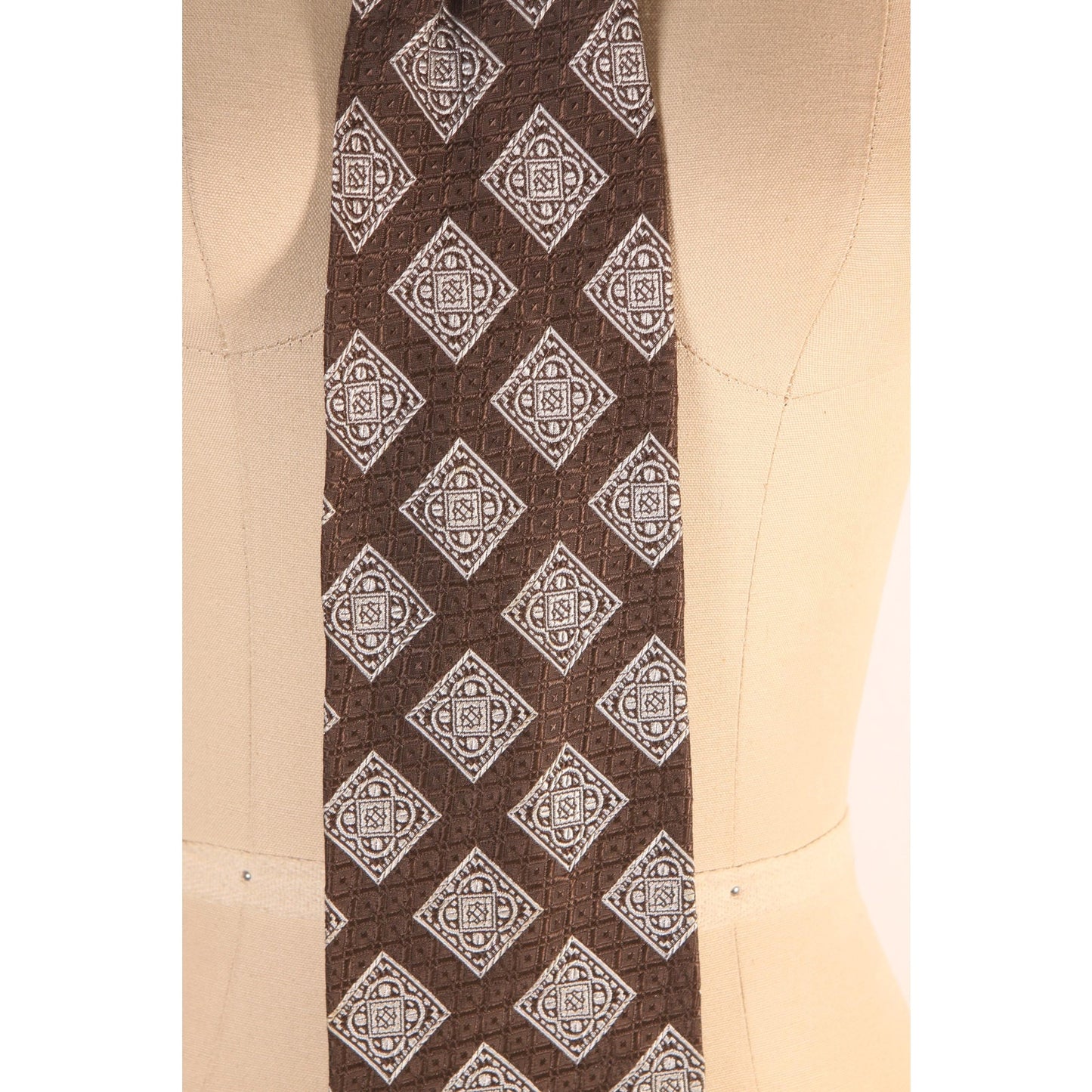 1960s Brown and White Geometric Clip On Necktie Tie by Salem Town
