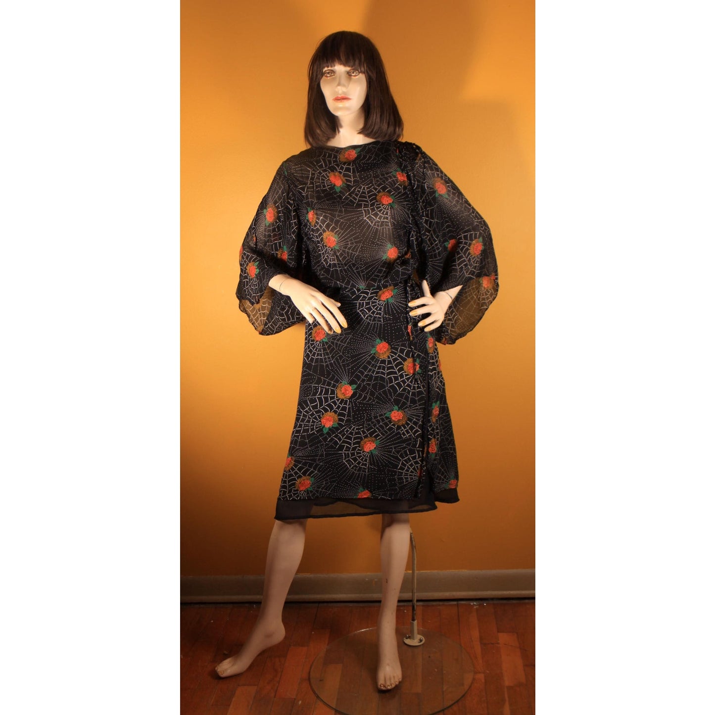 1970s Black, White and Red Novelty Spiderweb and Roses Print Sheer Dress by Saba -S