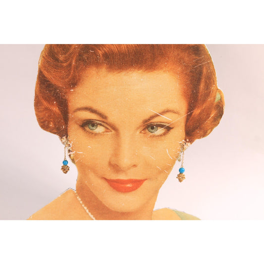 1950s Gold Tone Metal and Blue Beaded Dangling Clip On Earrings
