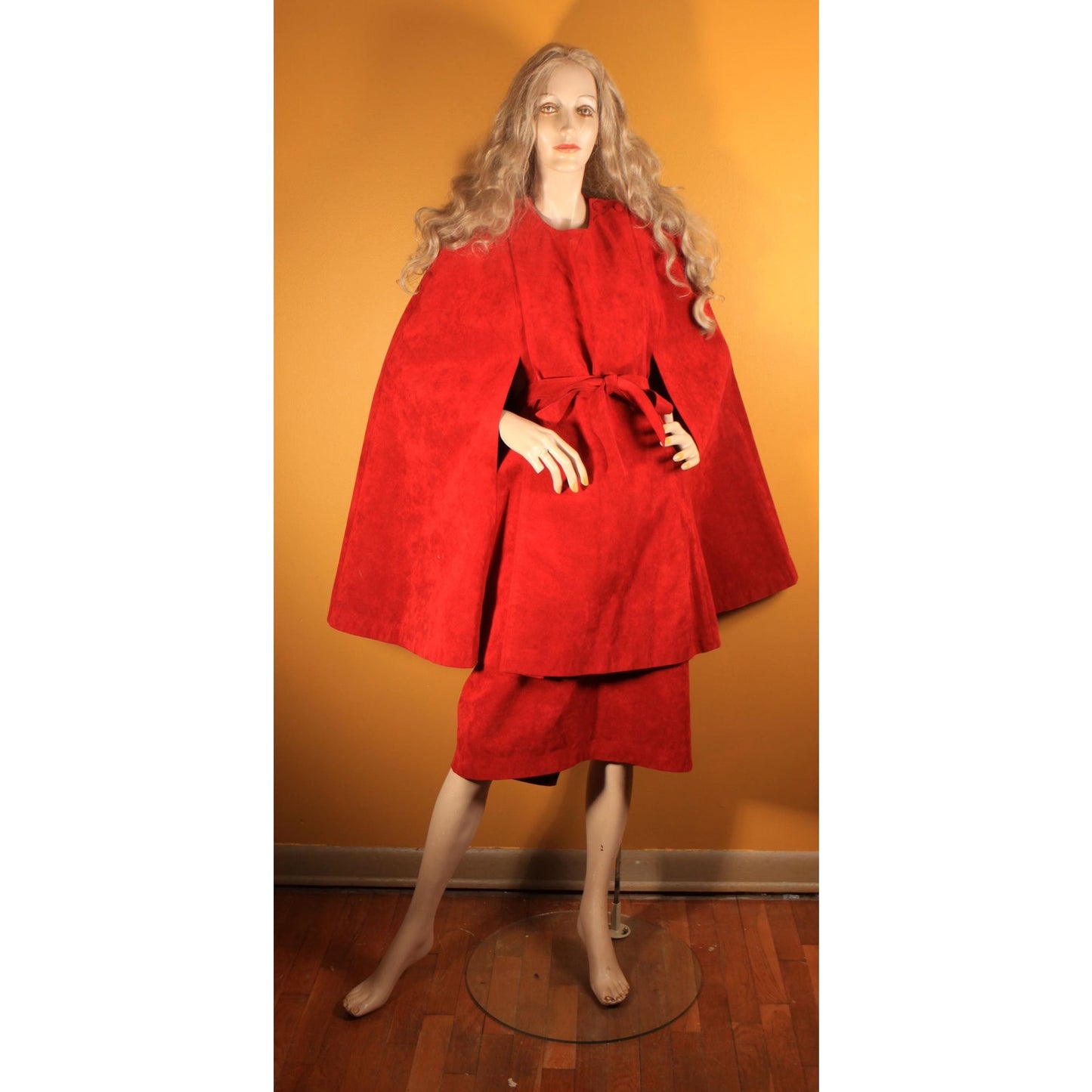 1970s Dark Red Microsuede Belted Cape with Matching Skirt Two Piece Outfit Skirt Suit -XL