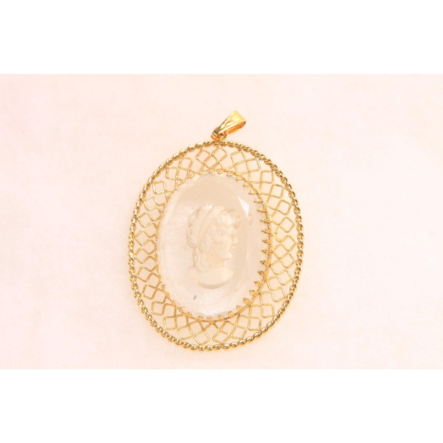 1950s 1960s Gold Tone Metal and Clear Glass Etched Cameo Necklace Pendant