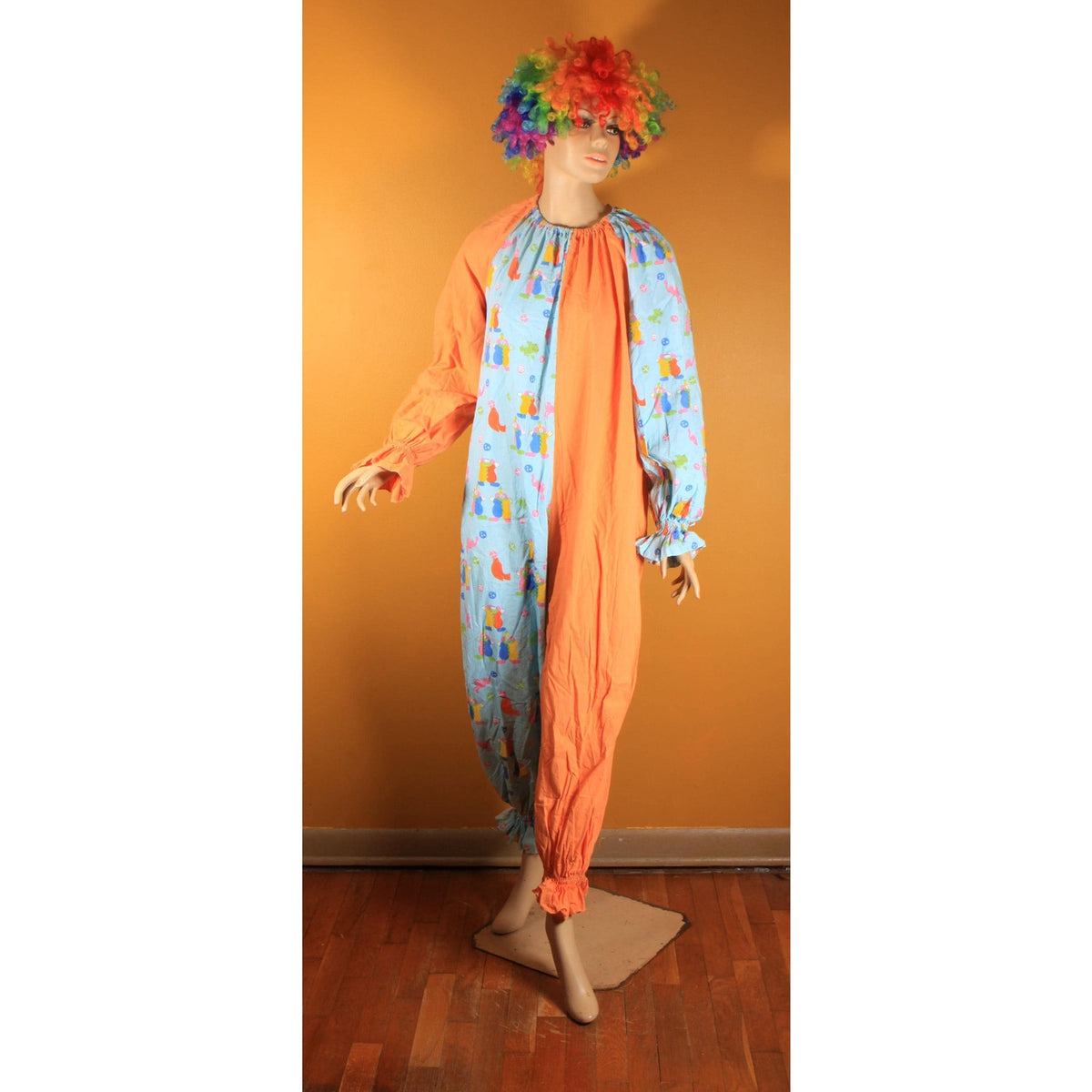 1960s Orange Blue Multi-Colored Novelty Clown Circus Print One Piece Clown Costume