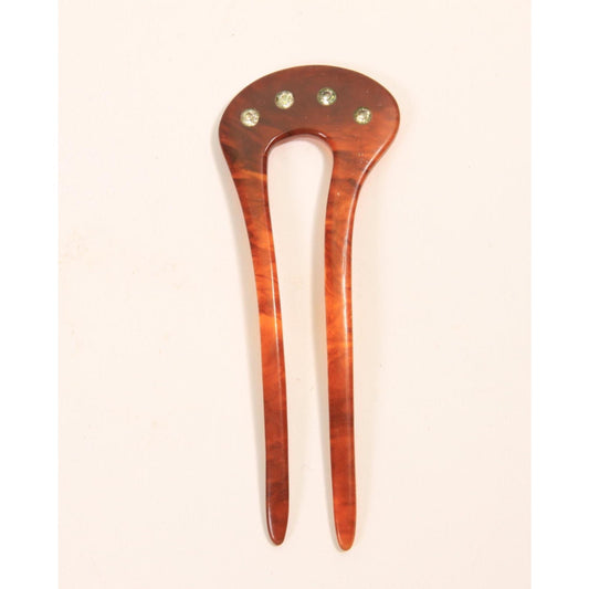 1910s 1920s Edwardian Tortoise Brown Rhinestone Curved Hair Fork Comb