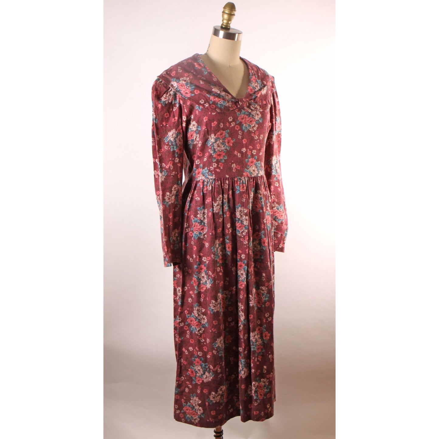 1980s Burgundy, Pink and Green Floral Sailor Collar Long Sleeve Dress by Laura Ashley-L
