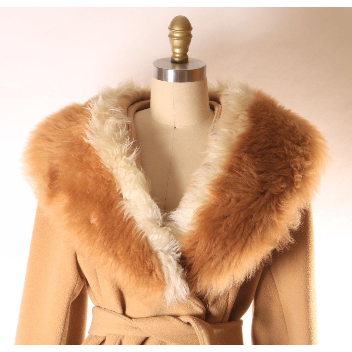 Early 1960s Brown and Cream Shearling Fur Trim Collar and Hem Wrap Princess Coat by Youthcraft