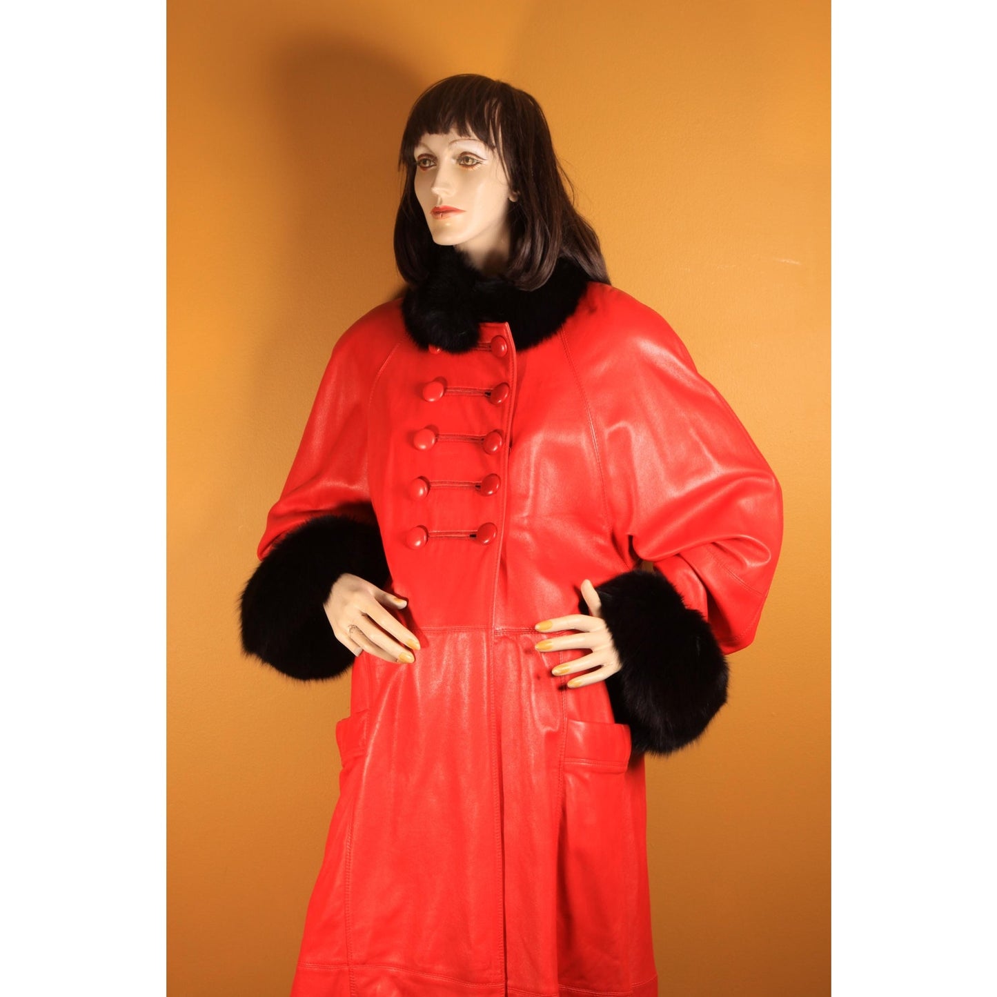 1980s Red Leather and Black Fox Fur Trim Long Sleeve Coat by McDaniel's -XL