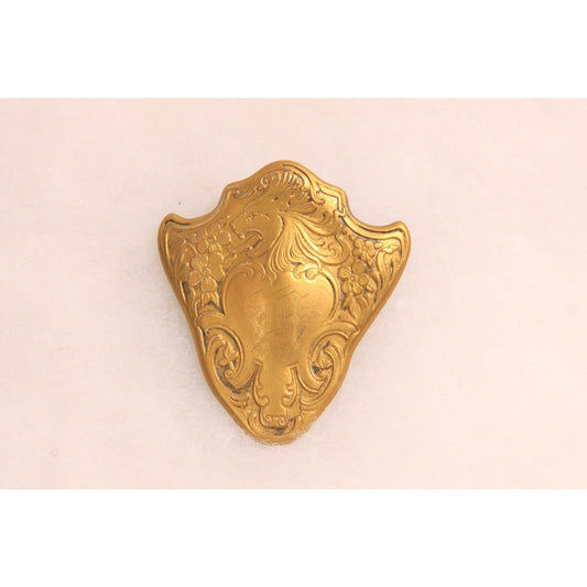 Antique 1800s Victorian Gold Tone Metal Lion Shield Initial Brooch