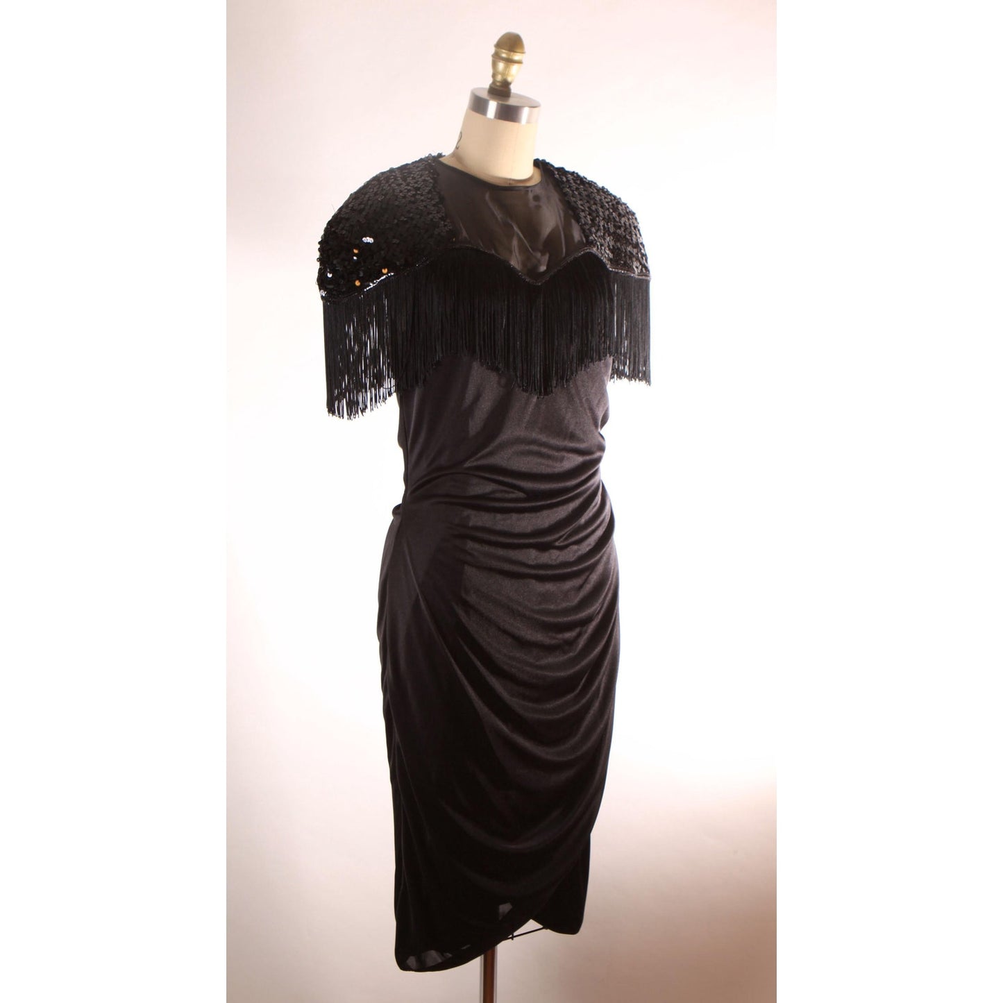 1980s Black Short Sleeve Fringe Keyhole Back Wiggle Dress by Abby Kent -L