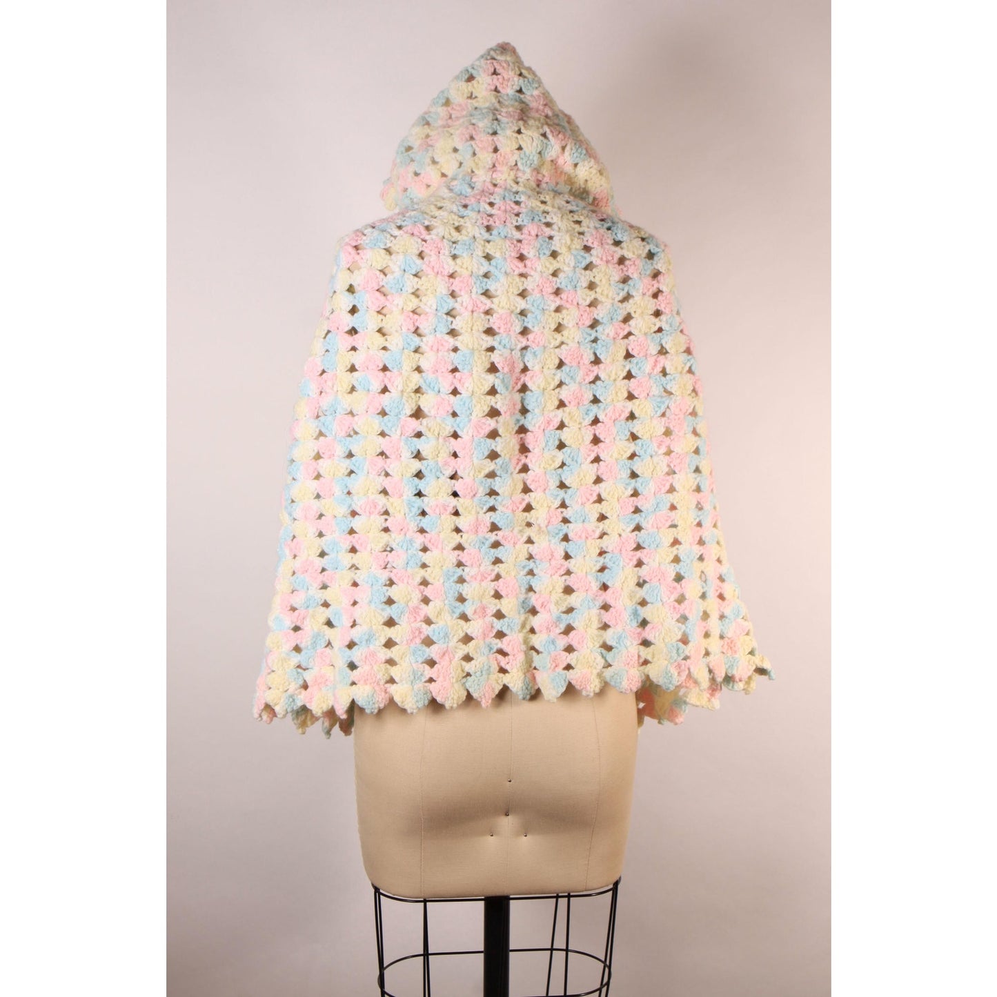 Late 1960s Early 1970s Pastel Pink, Blue and Yellow Crochet Pom Pom Hooded Hood Shawl Wrap