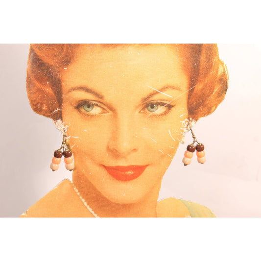 1980s Brown and Tan Beaded Dangle Pierced Earrings