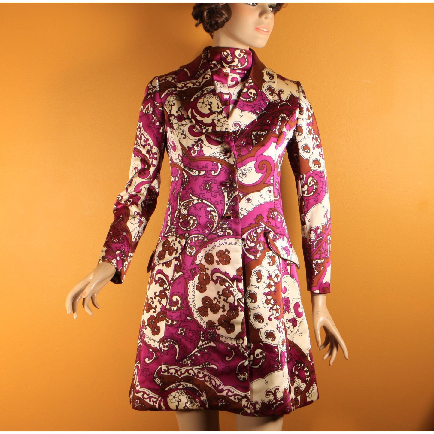 1960s Purple, White, Black Brown Psychedelic Swirl Sleeveless Belted Dress with Matching Long Sleeve Jacket Two Piece Outfit by Leo Narducci