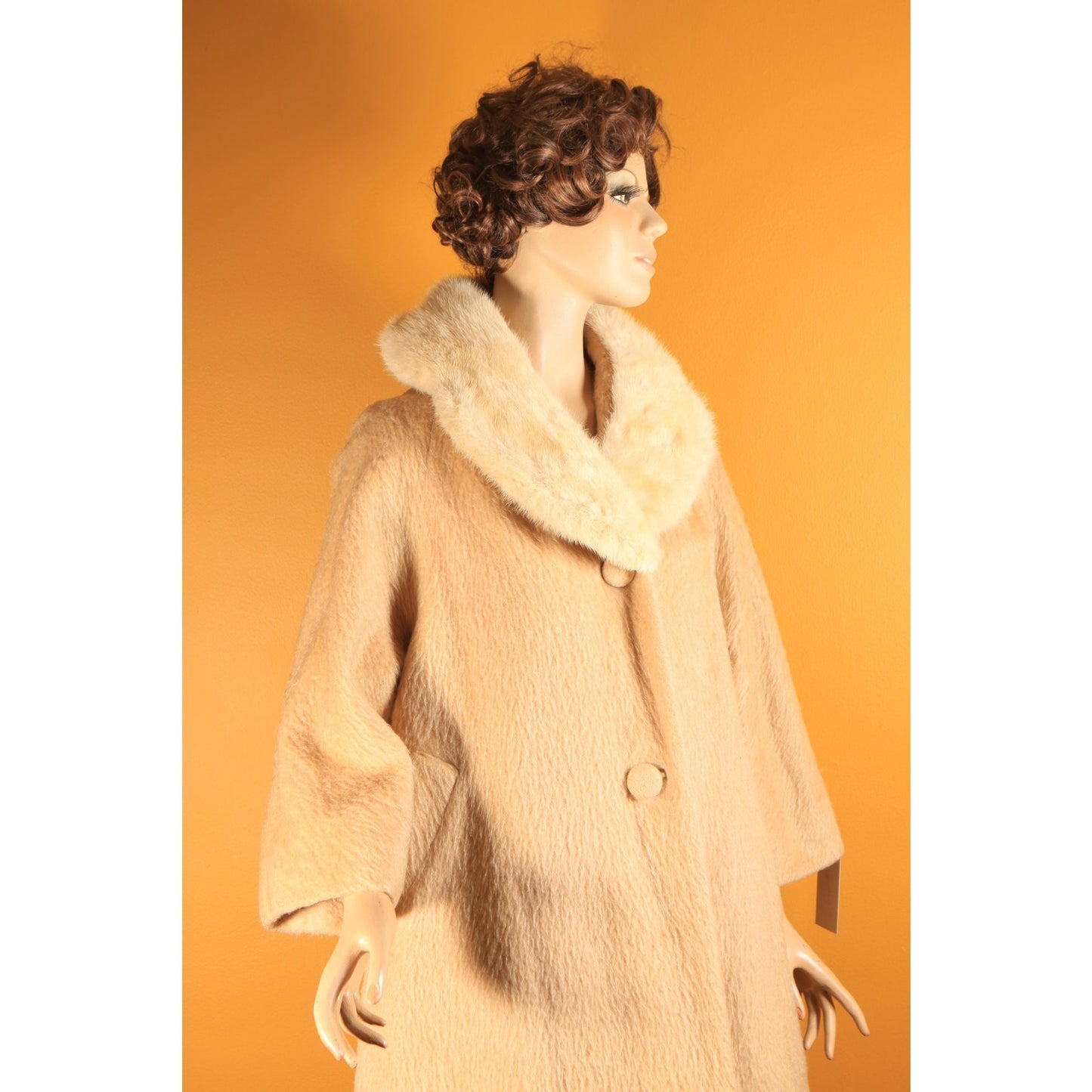 1950s Tan and Cream Bracelet Sleeve Mink Fur Collar Swing Coat by Lilli Ann -M-XL