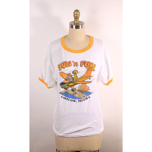 Late 1970s Early 1980s White and Yellow Flying Plane Sun N Fun Lakeland Florida T-Shirt