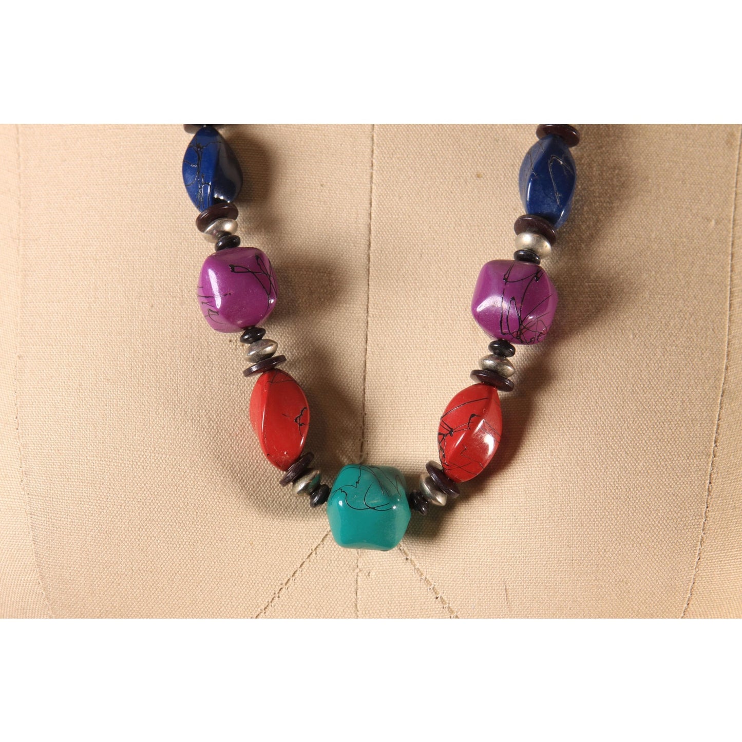 1980s Black, Teal and Burgundy Chunky Beaded Necklace