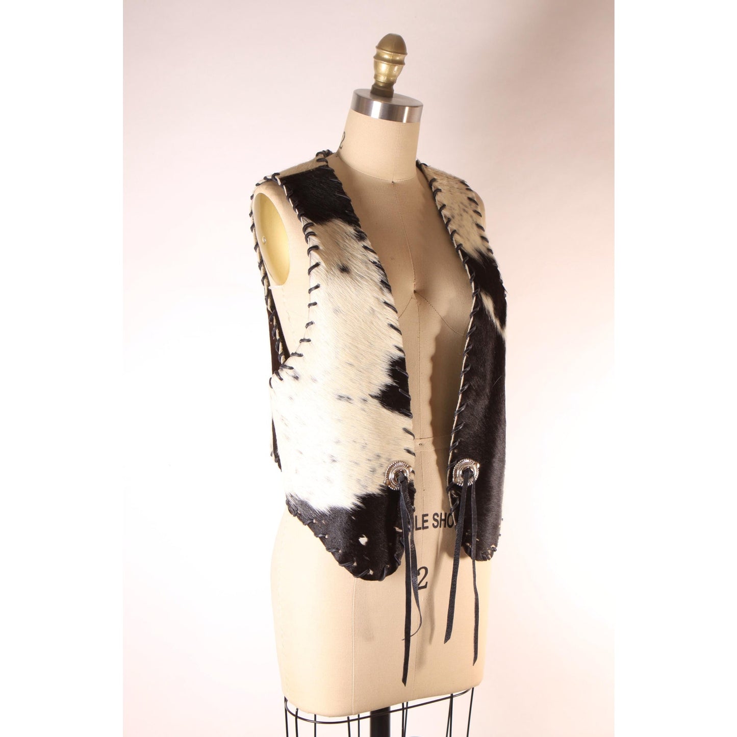 1970s Black and White Cowhide Leather Hair Cow Print Open Front Western Cowgirl Vest