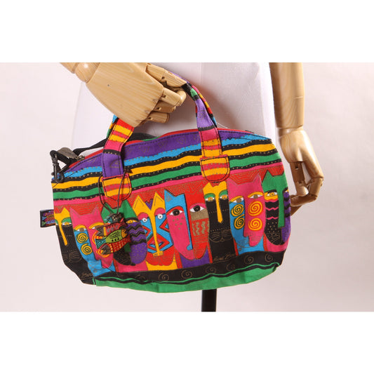 Deadstock 1980s Novelty Rainbow Multi-Colored Cat Print Top Handle Crossbody Shoulder Strap Purse by Laurel Burch