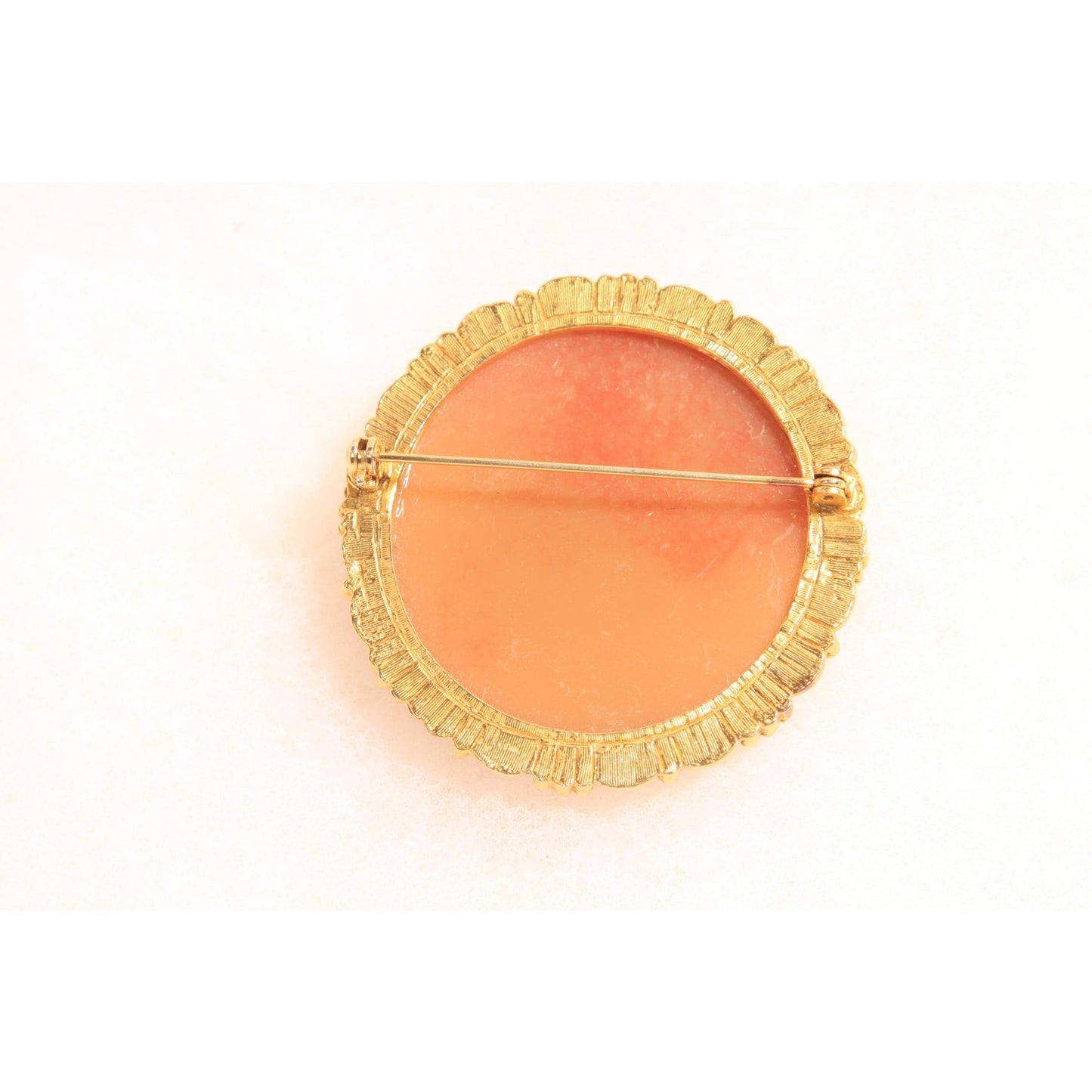 1960s 1970s Peach Pink and Cream Gold Tone Metal Cameo Woman and Cherub Cameo Brooch