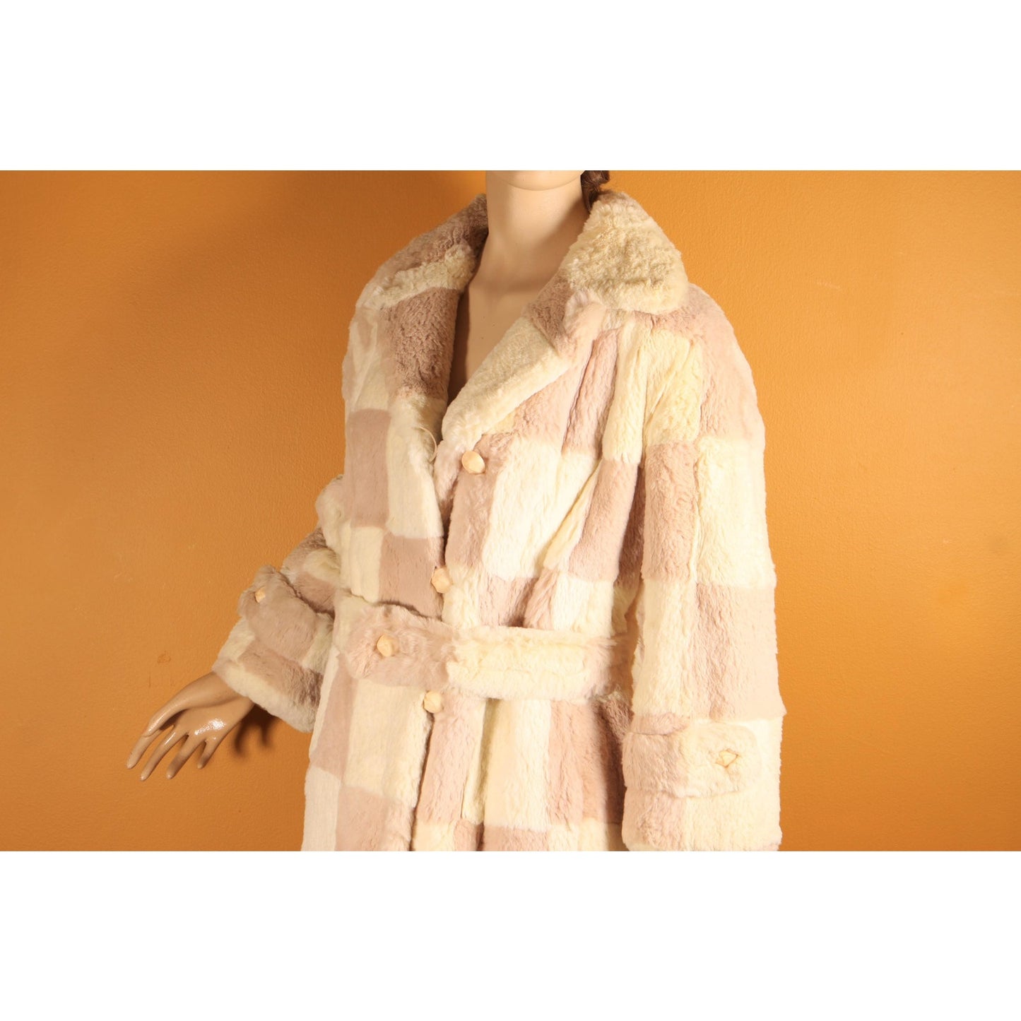 1960s Light Pink and White Sheared Dyed Chinchilla Fur Checkerboard Mod Belted Coat by Famous Barr -M-L