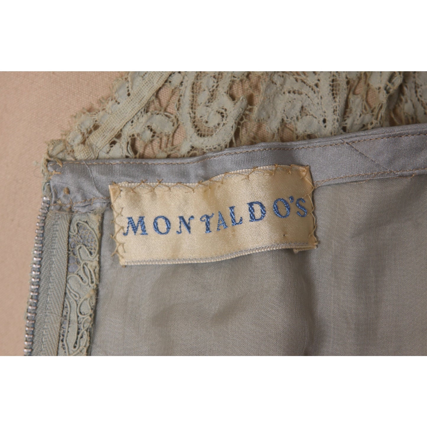 Early 1950s Pale Ice Blue Short Sleeve Sheer Lace Overlay Formal Dress by Montaldo’s -L