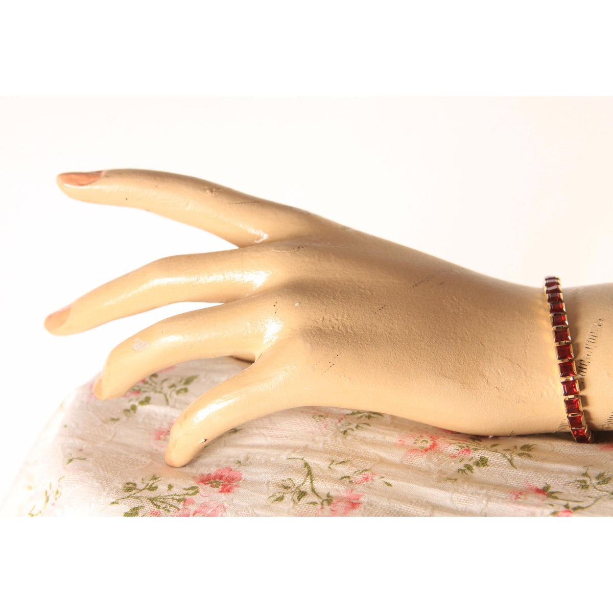 1970s Gold Tone Metal and Faux Red Jewel Rhinestone Chain Bracelet
