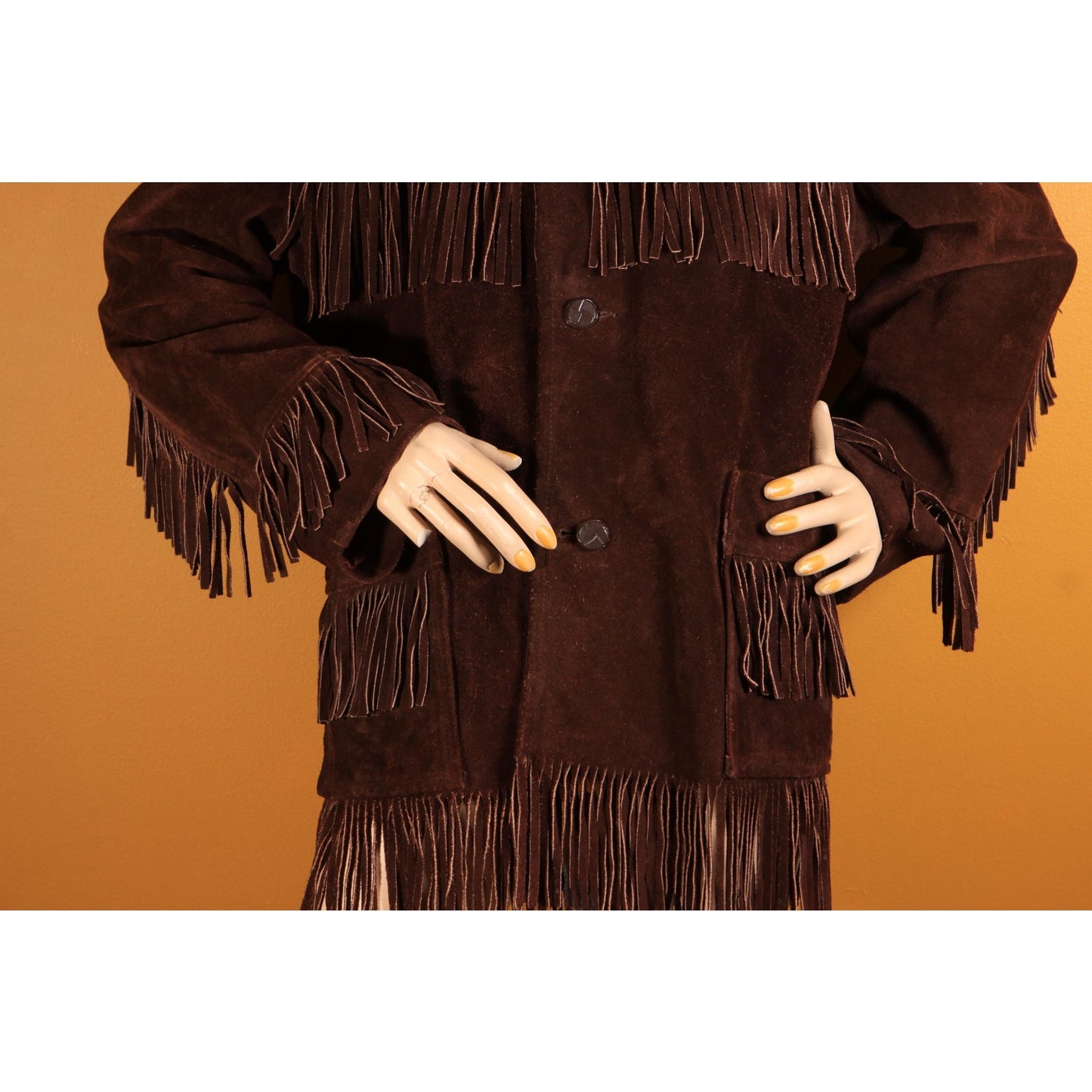 1970s Dark Brown Long Sleeve Fringe Western Suede Leather Mens Coat by Rice Sports Wear -M-L