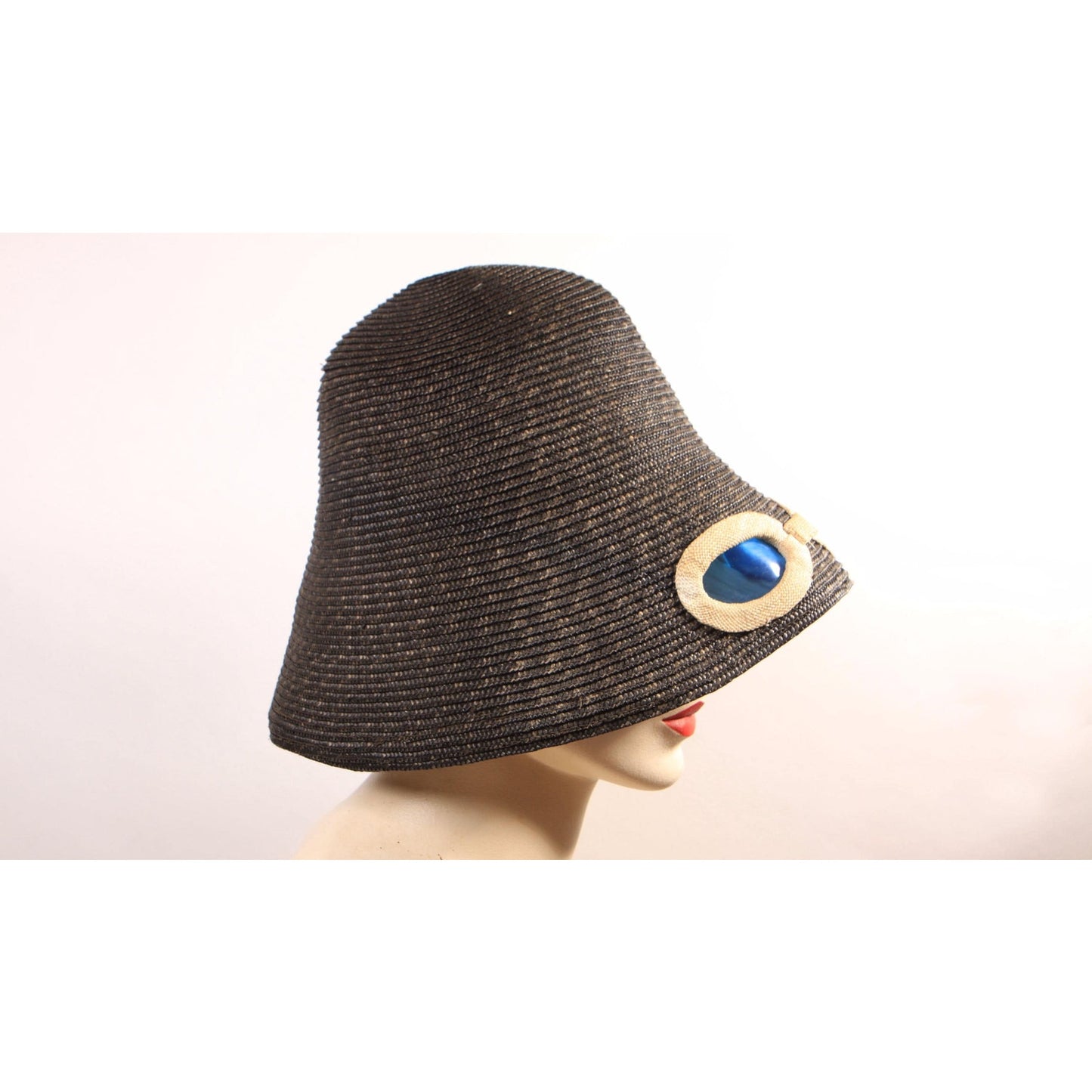 1950s Navy Blue and Cream Blue Lens Novelty Sunglasses Straw Bucket Sun Hat