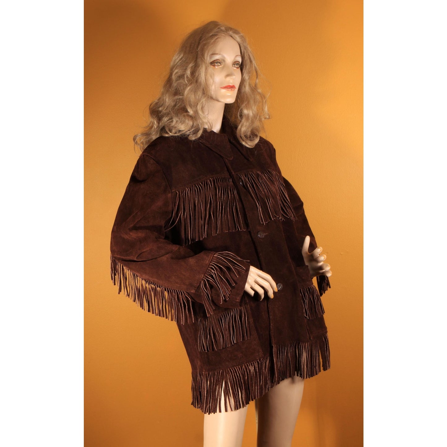 1970s Dark Brown Long Sleeve Fringe Western Suede Leather Mens Coat by Rice Sports Wear -M-L
