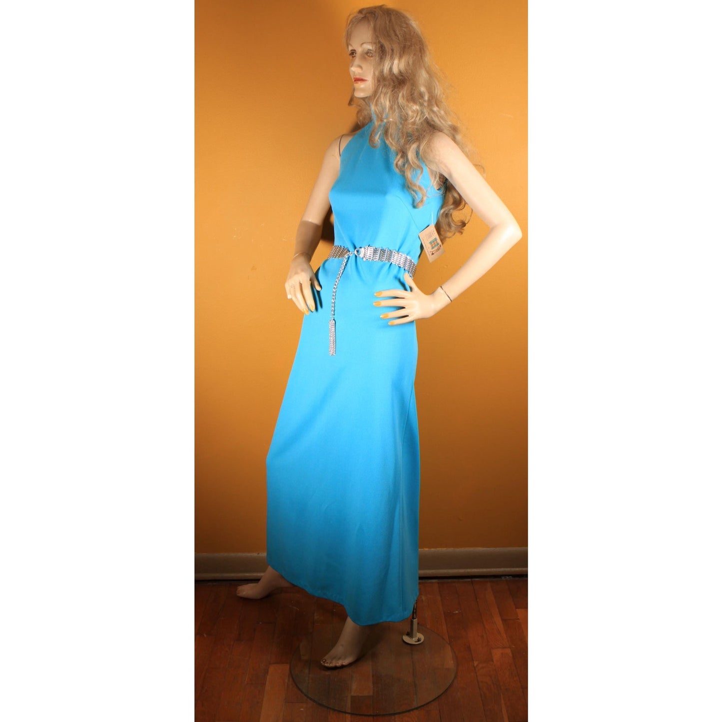 1970s Turquoise Blue Sleeveless High Collar Full Length Silver Tone Metal Belted Chain Belt Dress -S