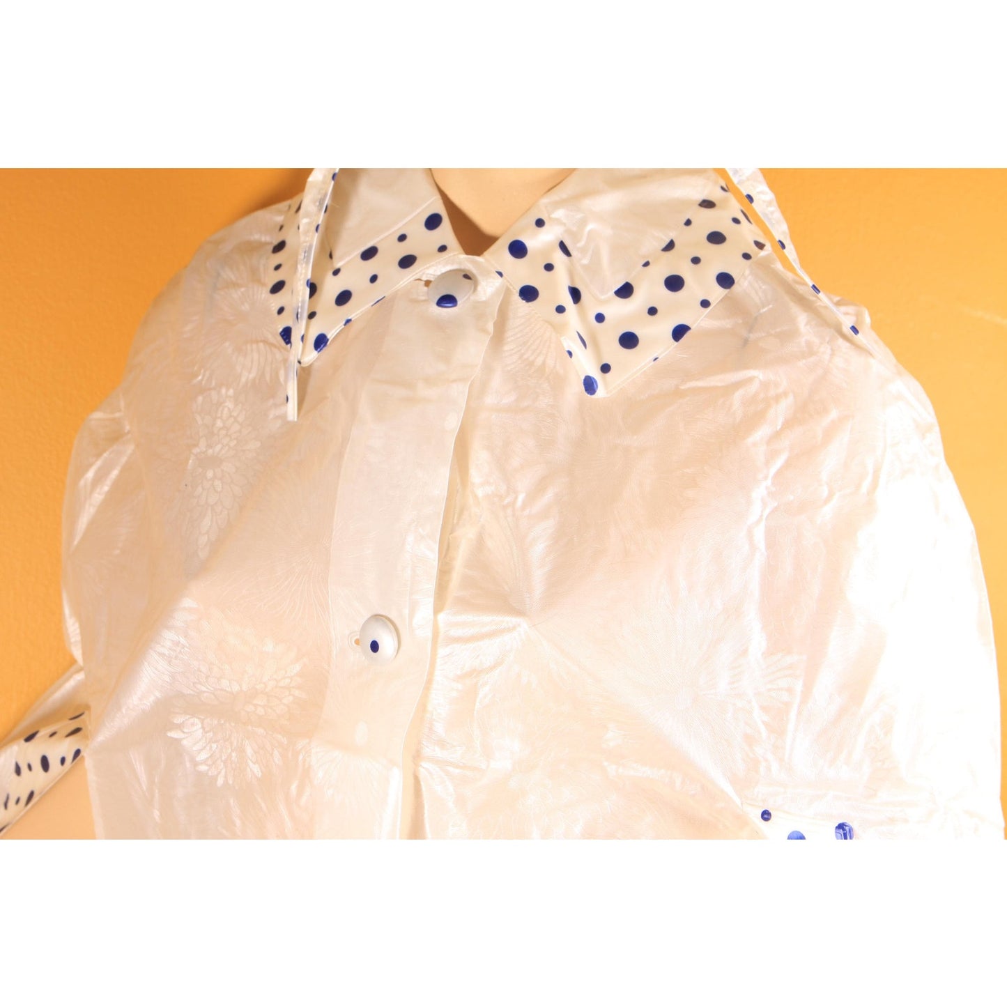 Deadstock 1960s Opaque White and Blue Polka Dot Trim Floral Textured Vinyl Raincoat Cape and Matching Rain Bonnet