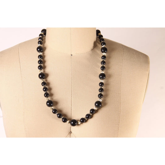 1980s Black and Silver Tone Metal Beaded Necklace