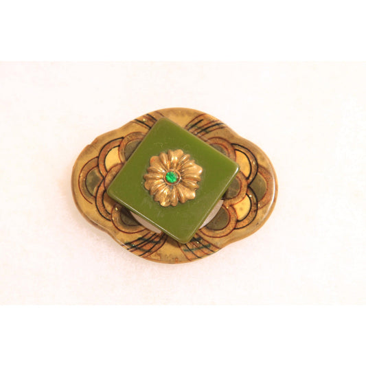 1930s Green and Yellow Rhinestone Art Deco Art Nouveau Rounded Bakelite and Plastic Swirl Brooch