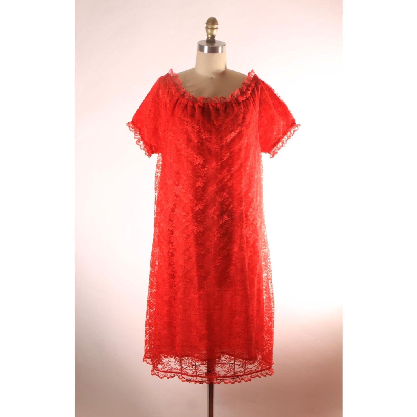 1960s 1970s Sheer Red Lace Overlay Short Sleeve Off the Shoulder Lingerie Night Gown -2XL