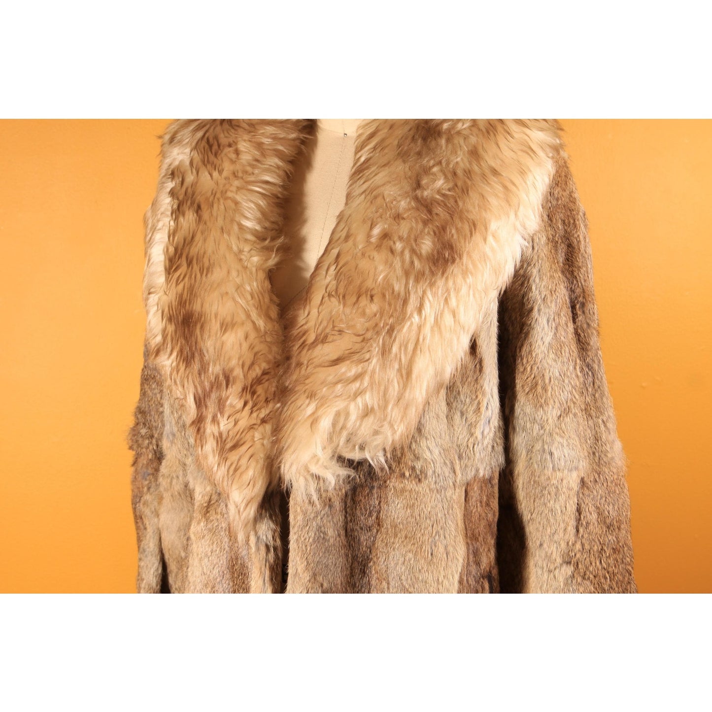 1970s Brown and Gray Rabbit Fur and Shearling Trim Collar Coat by Montgomery Ward -M-L