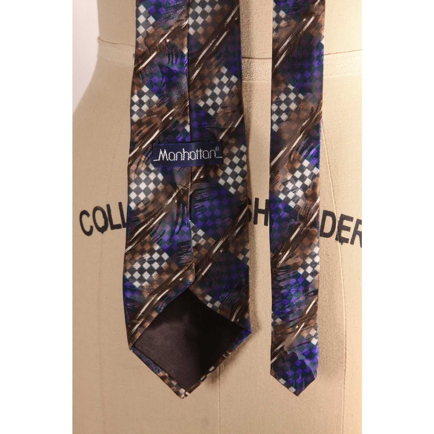 1980s 1990s Navy Blue, Tan and Gray Geometric Necktie Tie by Manhattan