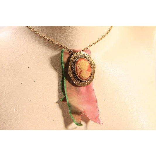 1950s 1960s Pink and Gold Tone Metal Cameo Ribbon Pendant Necklace