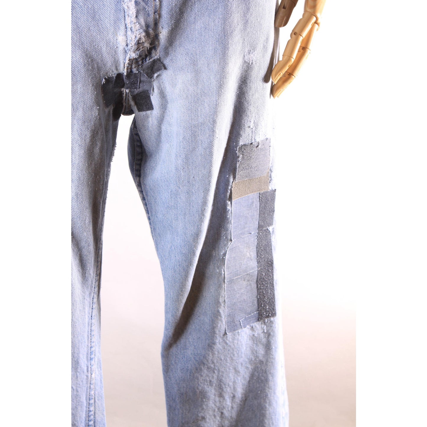 1980s Distressed Patch Fraying Blue Denim Orange Tab 517 Jeans by Levi's -38x30