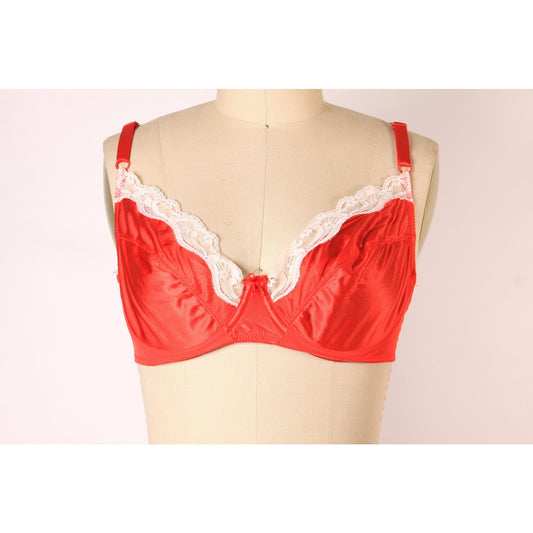 1970s Red and White Floral Lace Trim Bow Detail Bra by Vanity Fair-38B