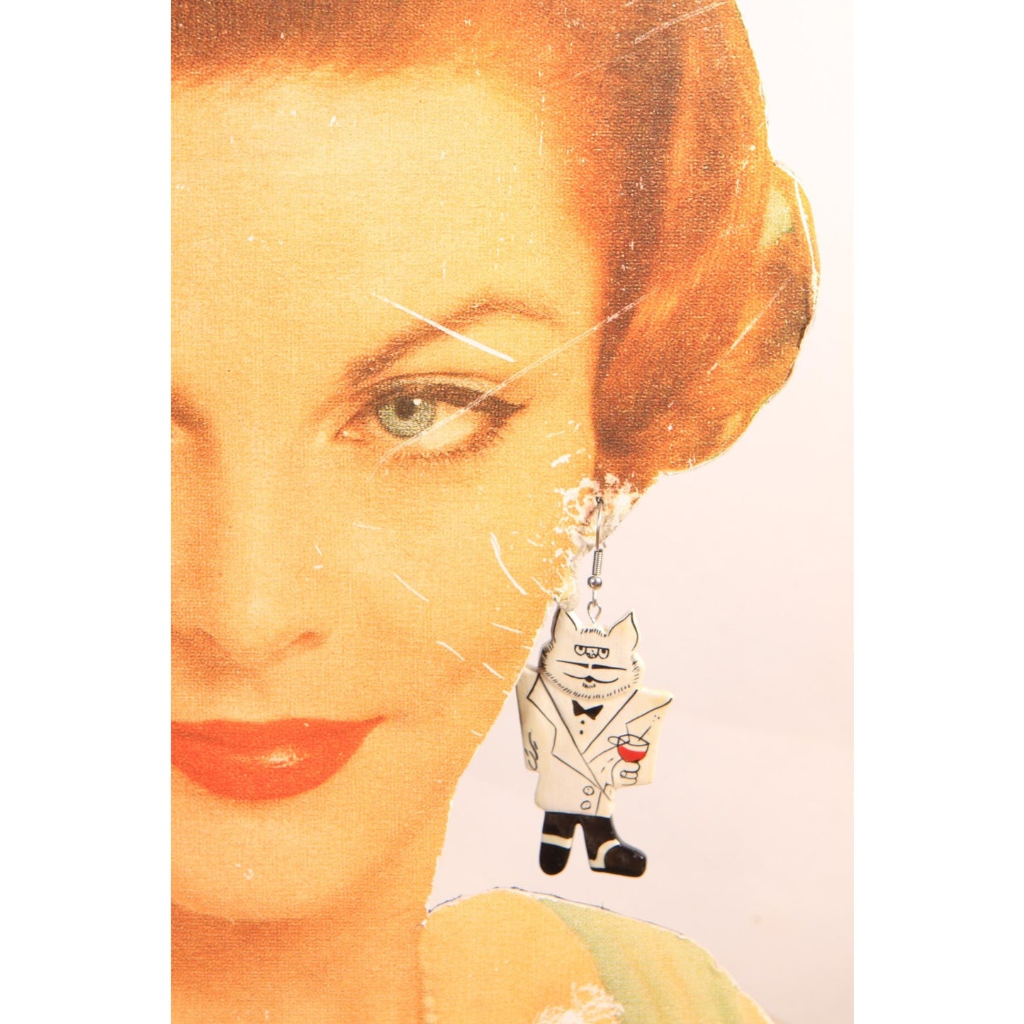 1980s Novelty Painted Wood Cat in a Tuxedo Dangling Pierced Earrings
