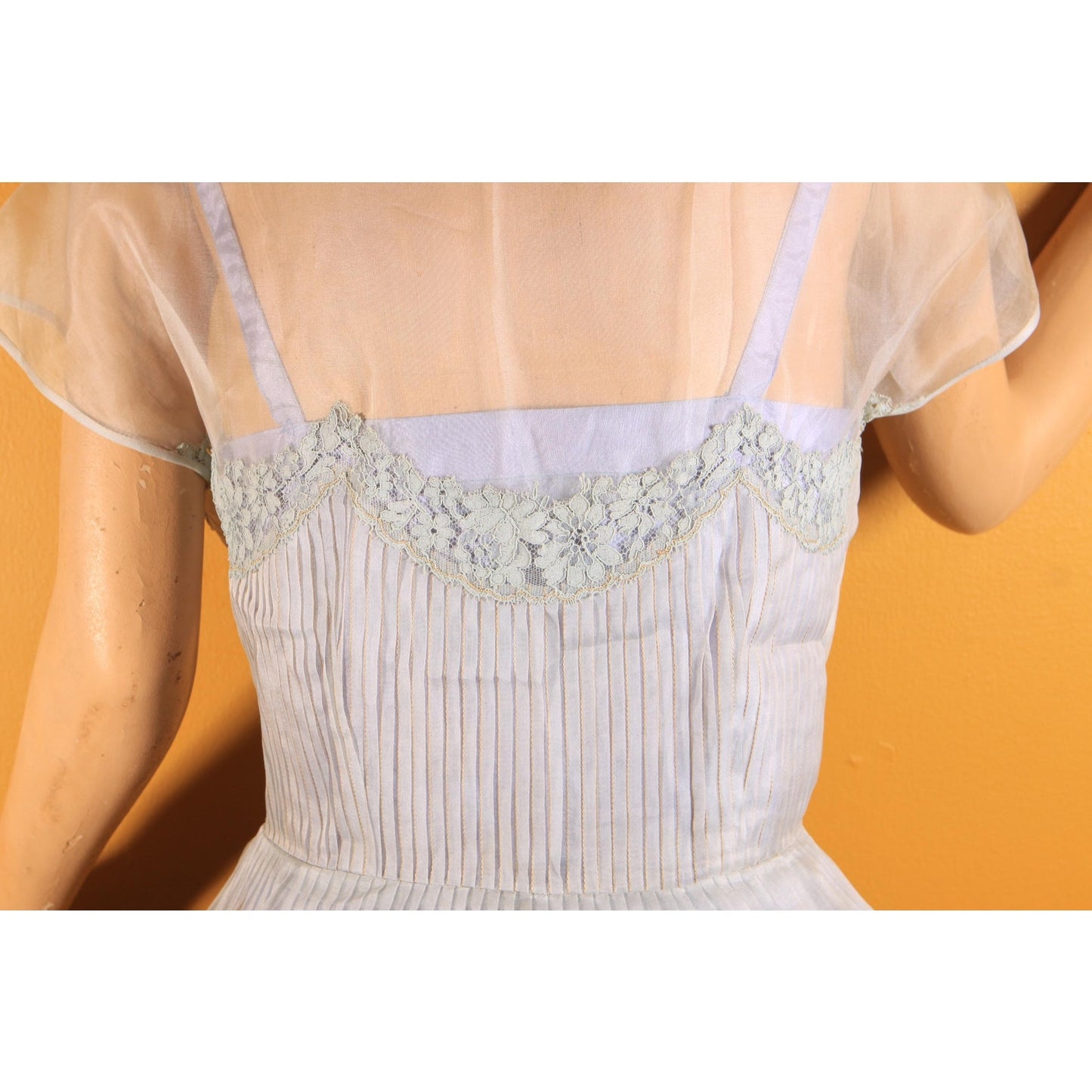 1950s Sheer Light Blue Short Sleeved Fit and Flare Floral Lace Trim Dress -L