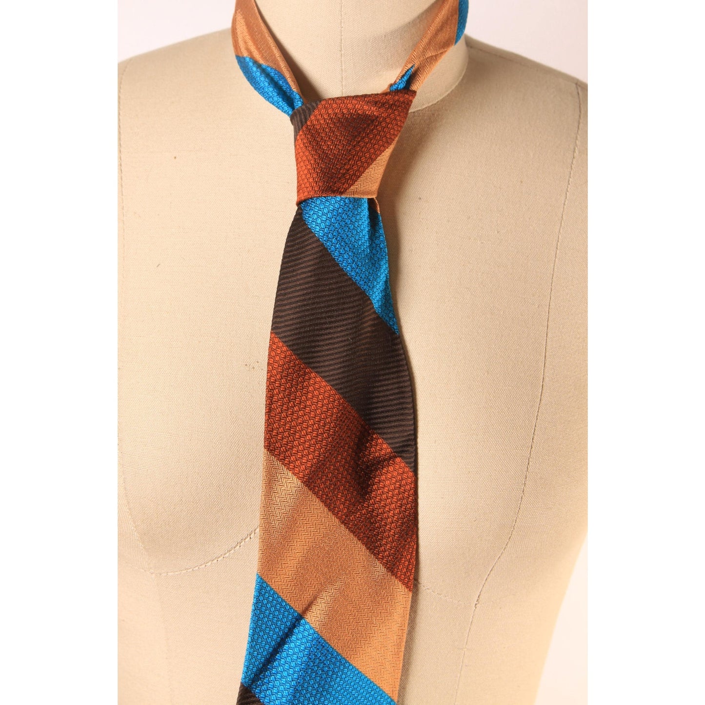 1970s Brown, Tan and Blue Acetate Striped Necktie Tie