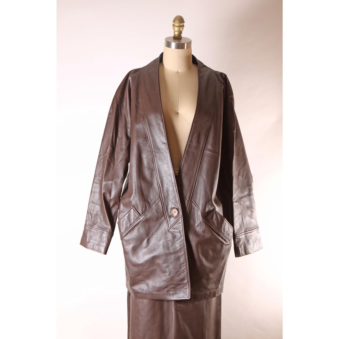 Deadstock Late 1970s Early 1980s Brown Leather Jacket with Matching Skirt Two Piece Skirt Suit by New England Sportswear -M-L