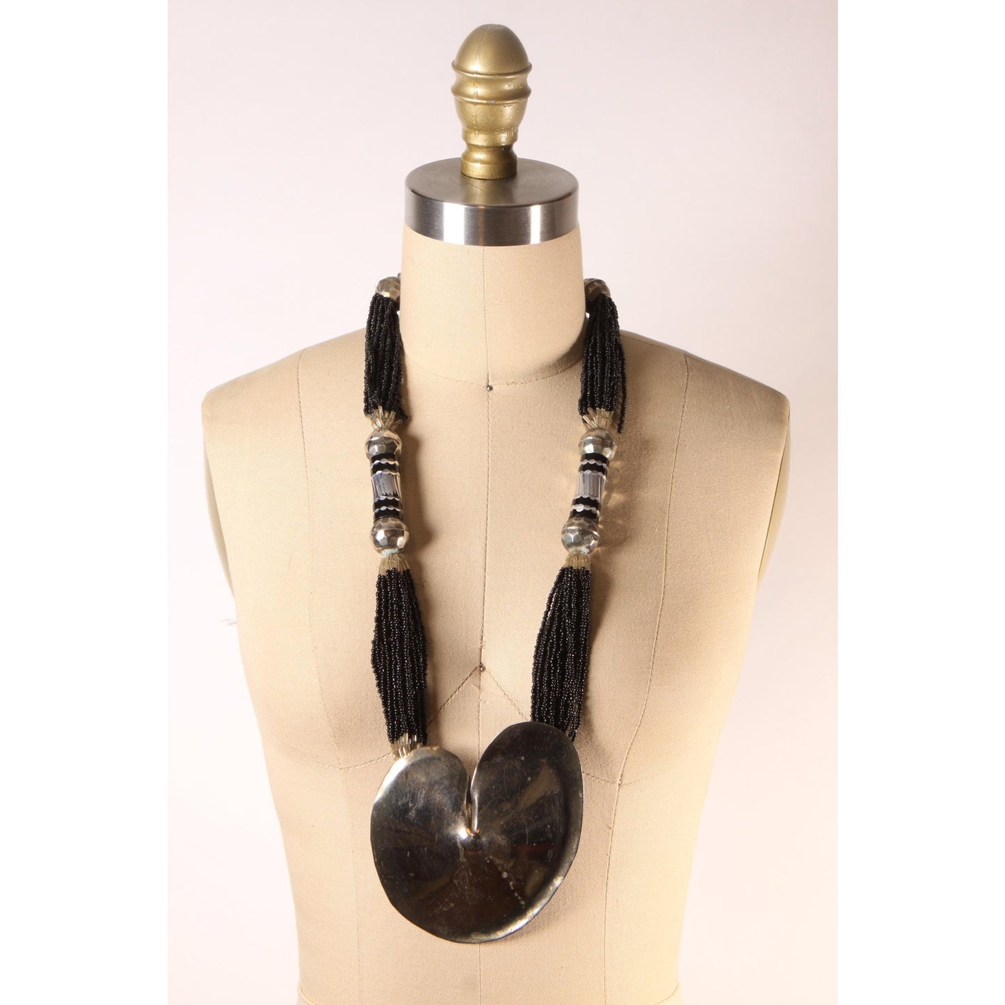 1970s 1980s Black and Silver Tone Metal Beaded Heart Oversized Chunky Pendant Necklace