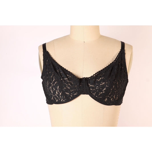 1980s Black Sheer Floral Lace Bra by Lily of France-38D