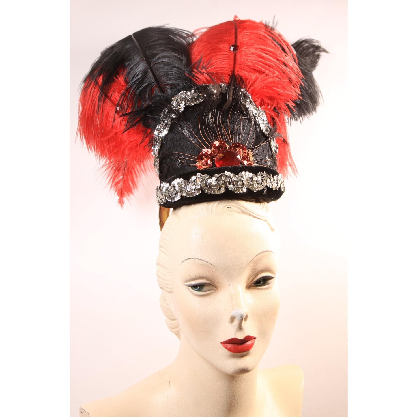 1970s Red and Black Costume Showgirl Burlesque Feather Sequin Headdress Headpiece Hat