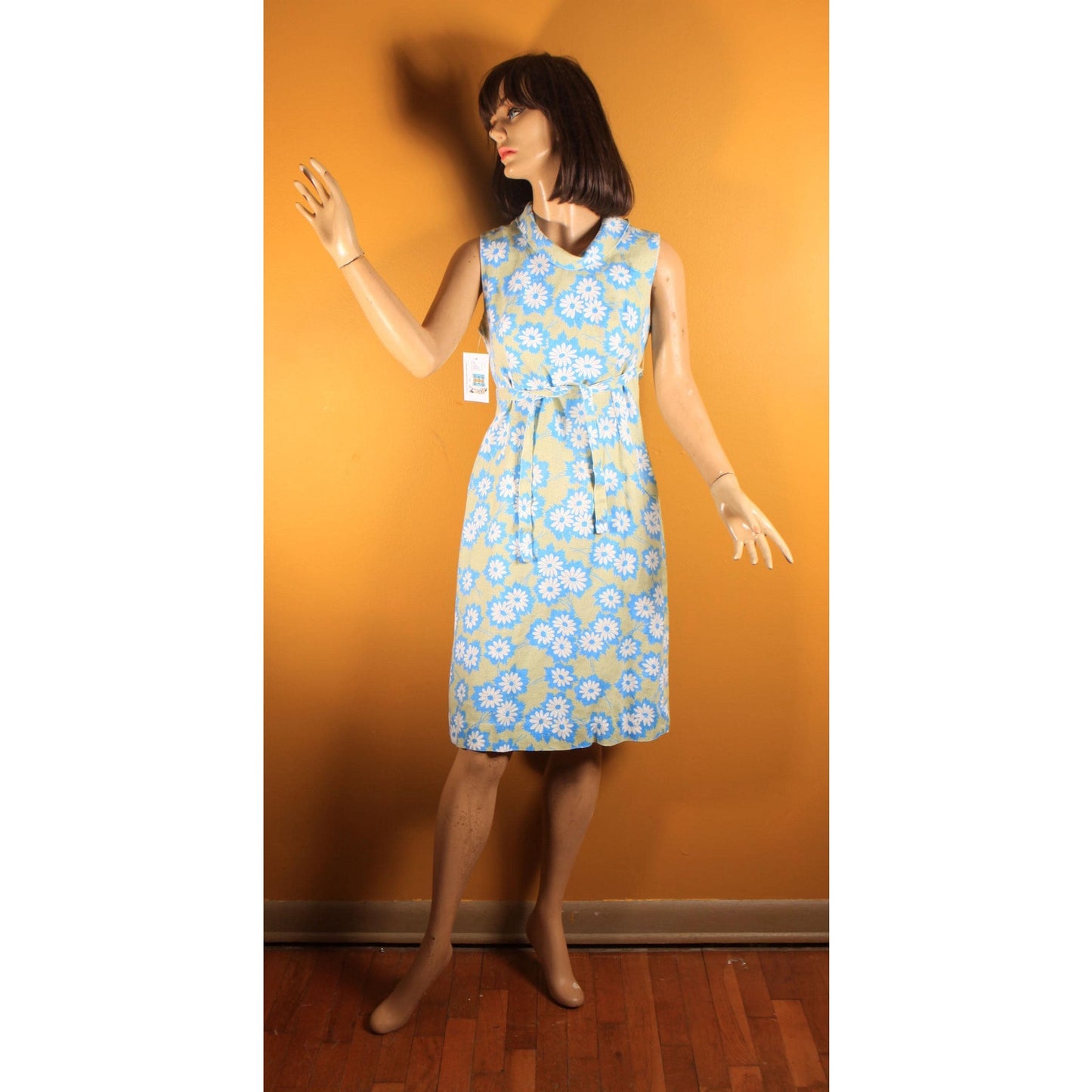 1960s Blue, Green and White Floral Sleeveless Shift Dress by RS Apparel -M
