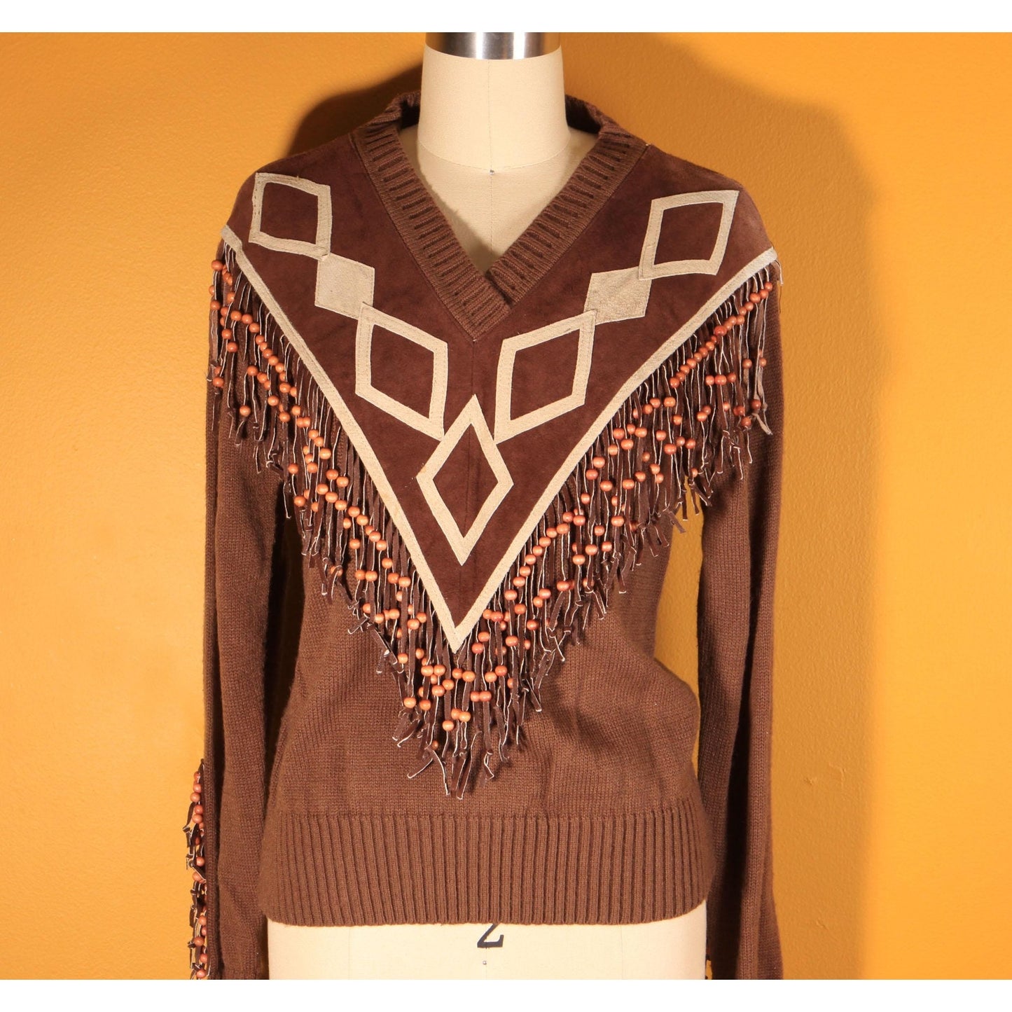 1970s Brown Suede Leather Fringe Beaded Pullover Sweater by Miller Miller Miller -L